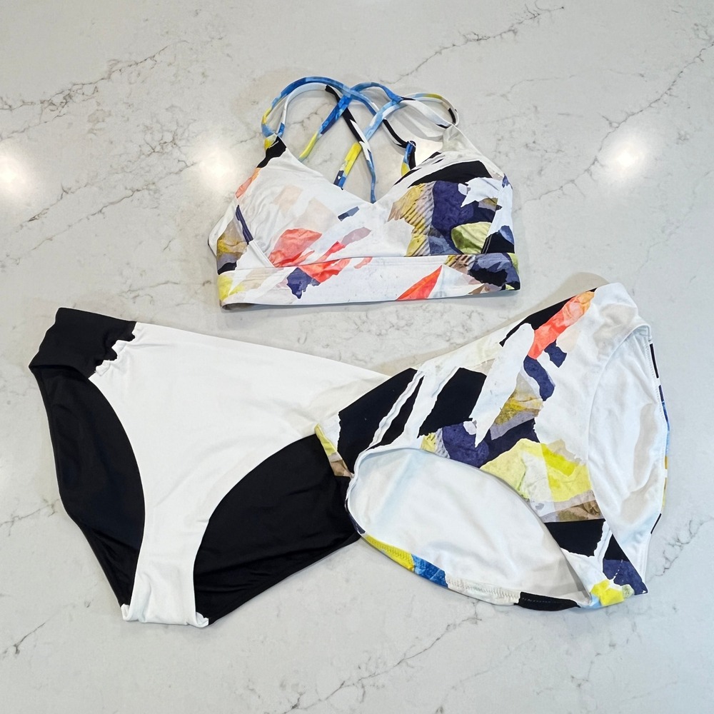 CALIA Strappy Back Bikini Top Mid Rise Bottoms Set Womens M Collage White Black